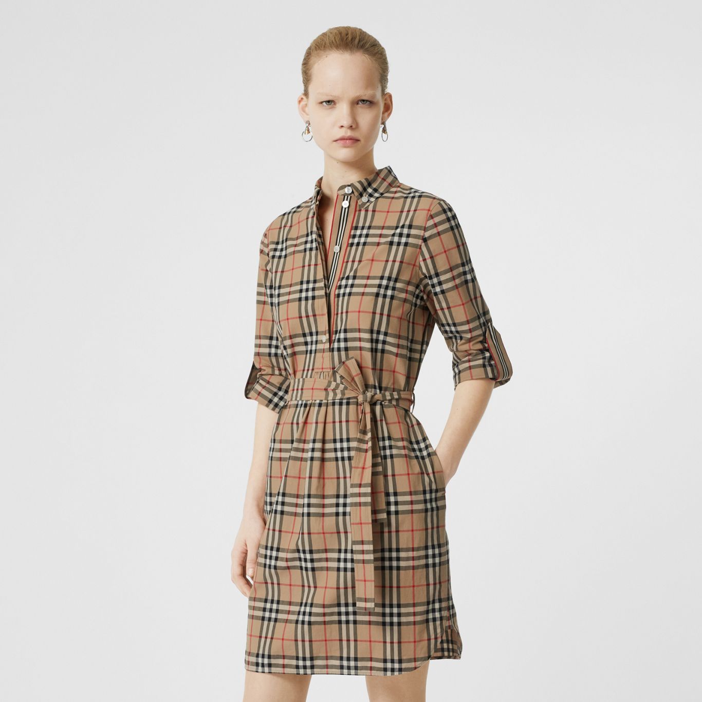 Vintage Check Cotton Tie-waist Shirt Dress